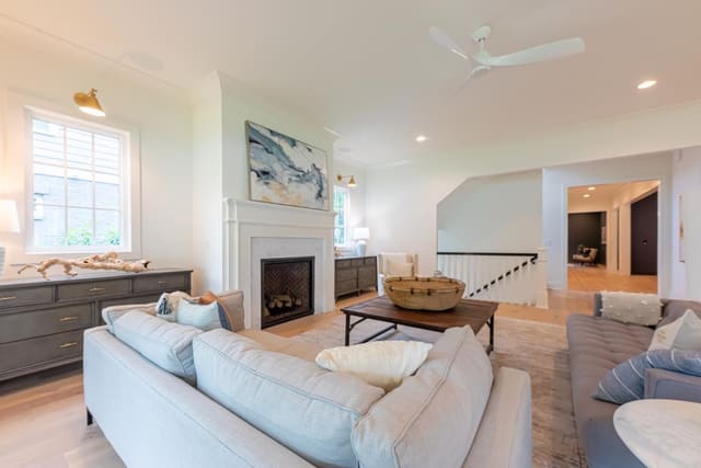 Open living area with grey sofas