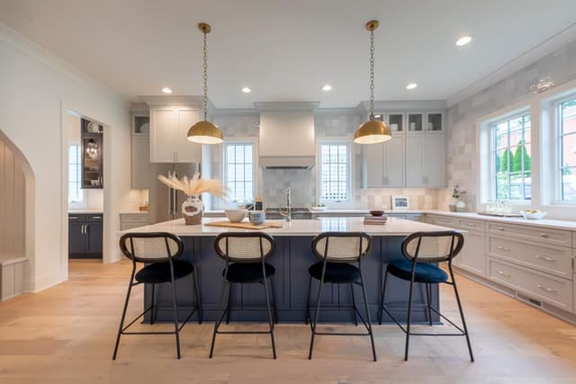 Open kitchen island with navy accents