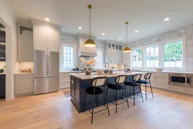Warm lit kitchen with blue accents
