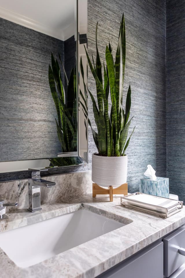 Half bath with a marble countertop and silver hardware.