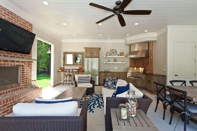 Outdoor Living Area at Wake Forest Home with outdoor fireplace and Kitchen