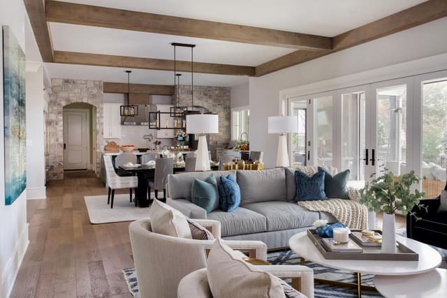 Living Room and Kitchen open concept featuring Lee Furniture's and Hickory White Swivel Chairs