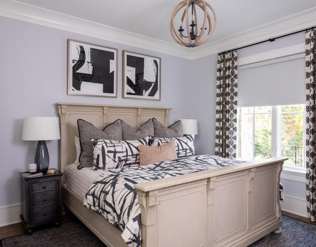 Bedroom with Eastern Accents Bedding and Abstract Wall Art