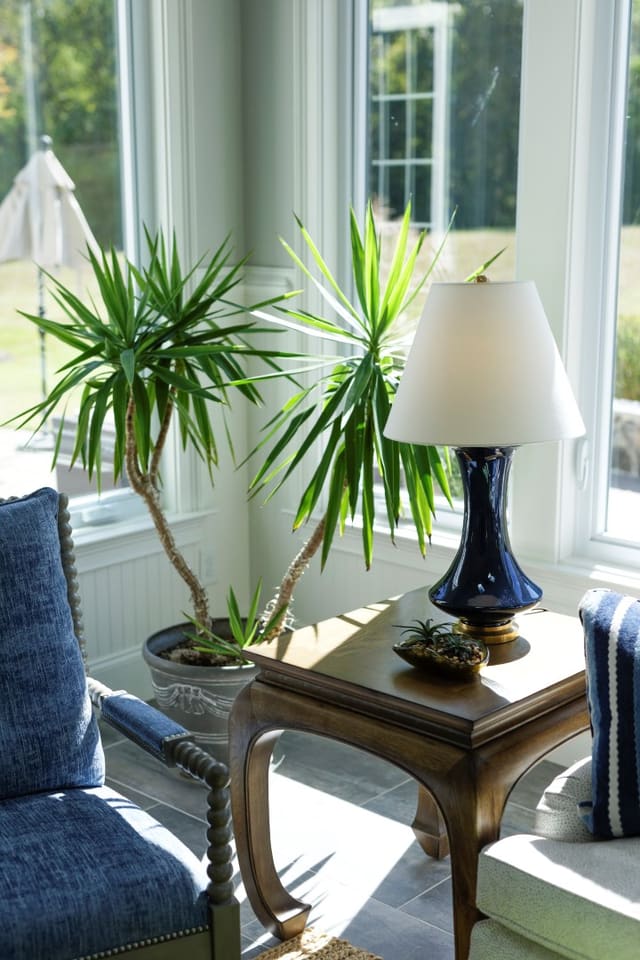 Sun Room with live plants and blue chair and lamp