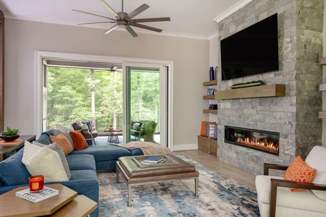 Open Concept Living Room with Stone Fireplace