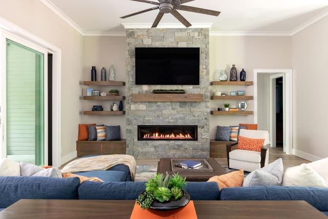 Frontal View of Living Room with Stone Fireplace